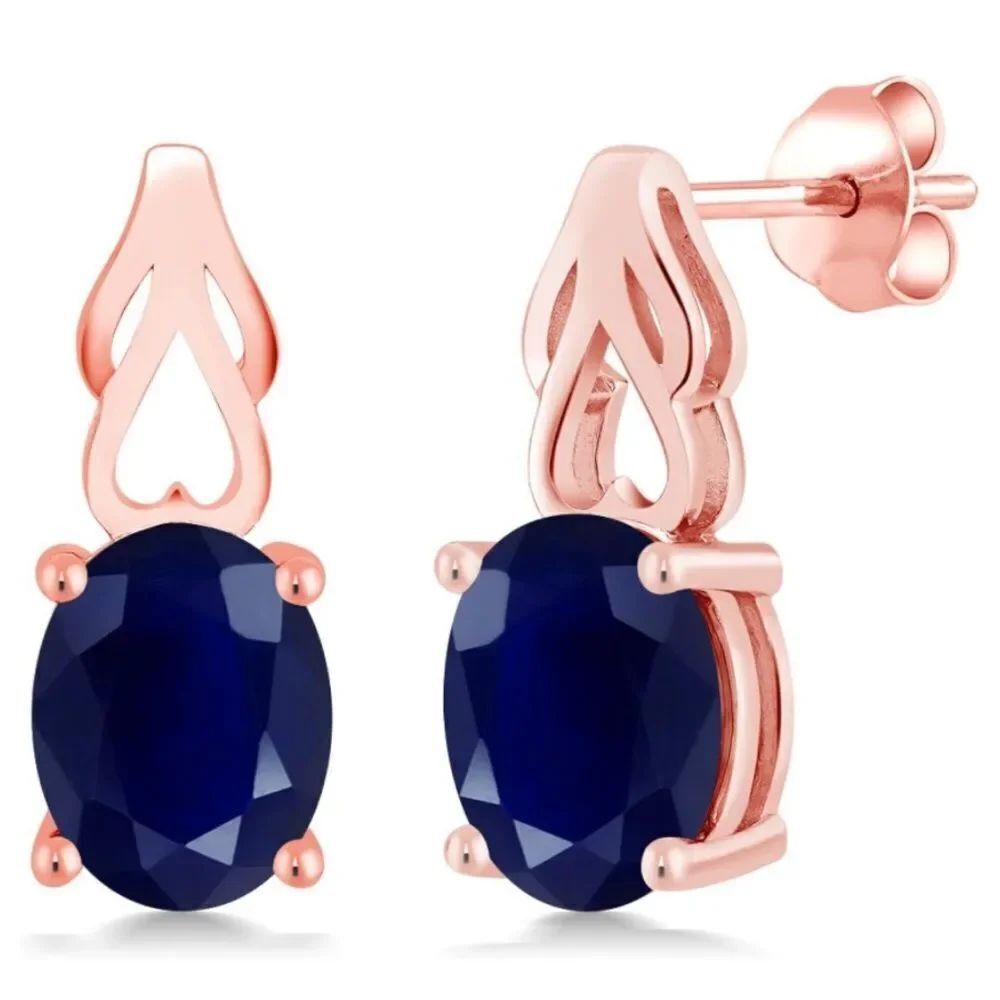 18K Rose Gold 925 with 5.00 Cttw NavyāBlue Sapphire Oval Post Back Drop Earrings